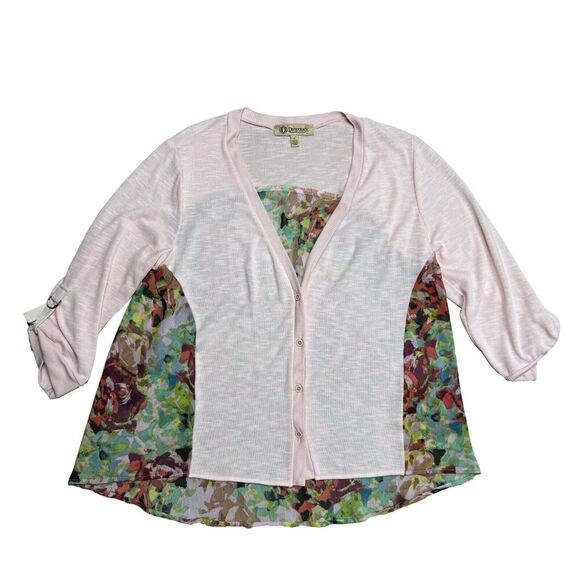 Democracy Womens Cardigan Button Front Semi Sheer L Pink Floral Roll Up Sleeve - Picture 1 of 6